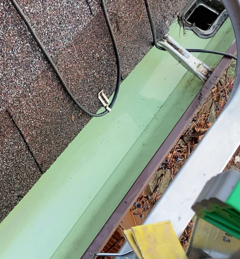 An after shot with a clean gutter and roof shingles is shown. The gutter and roof shingles were rinsed with water to remove the mud and small leaves that were present.